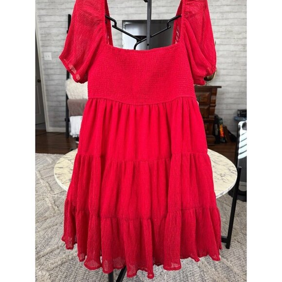 Altar'd state Red Short Sleeves Square Neck Baby Doll Mini Dress Womens Size L - Picture 3 of 8